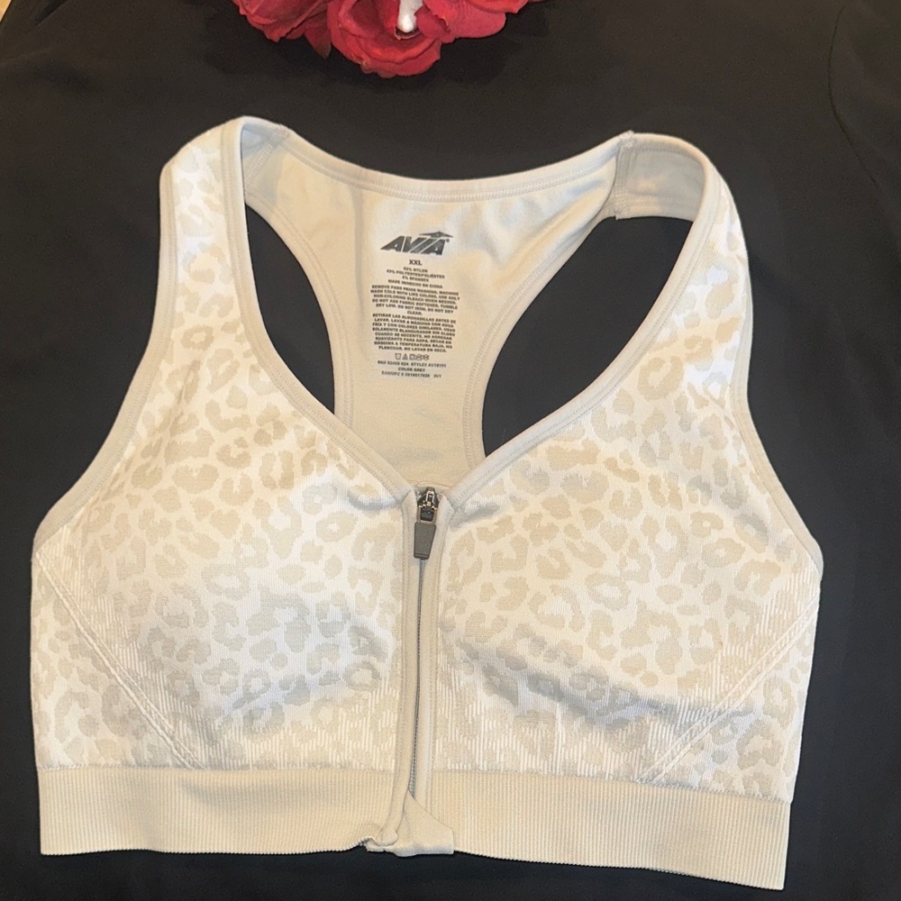 Avia Athletic Front-Zip White Leopard Sports Bra 2X